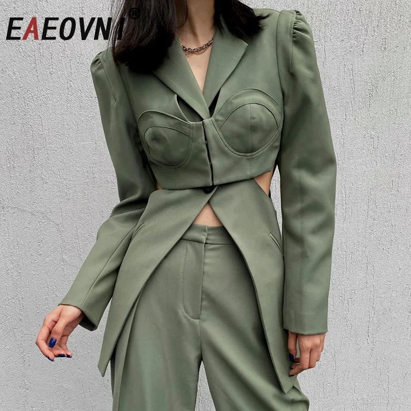 EAEOVNI-traje de moda para mujer, Color sólido, cuello con muescas, diseño de retales, chaqueta ajustada con botones, abrigo, novedad de 2026