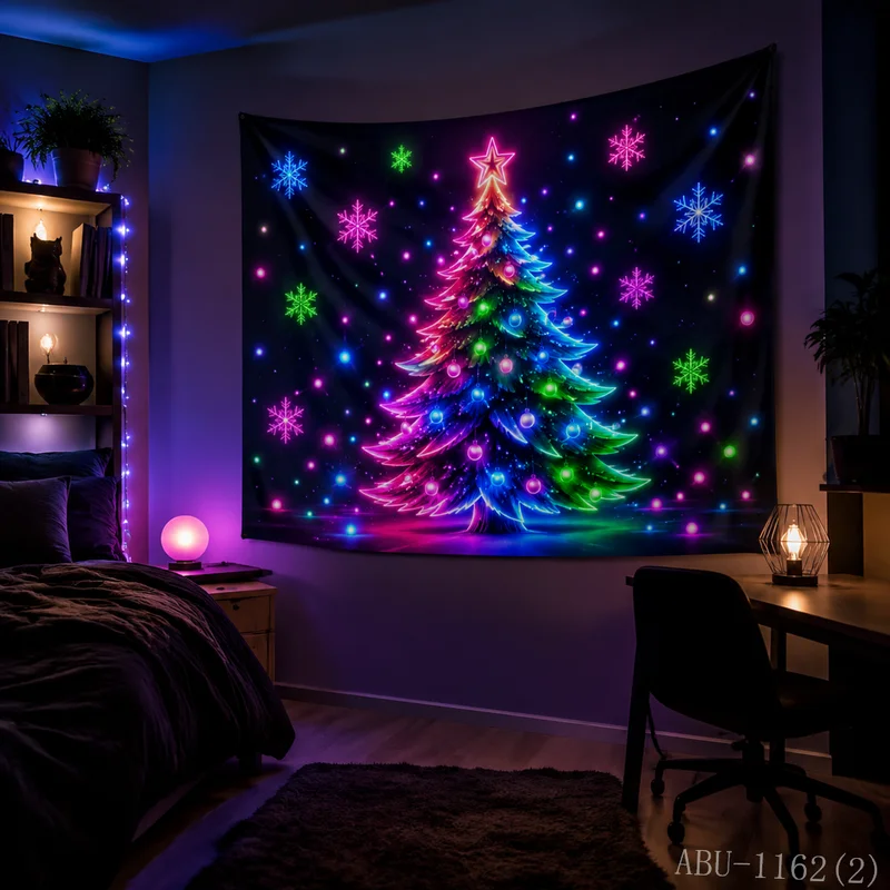 VIKAMA Dreamy Star River Neon Ball Christmas Tree Christmas Tapestry, HD Wall Cloth, Whimsical Festive Background Decor