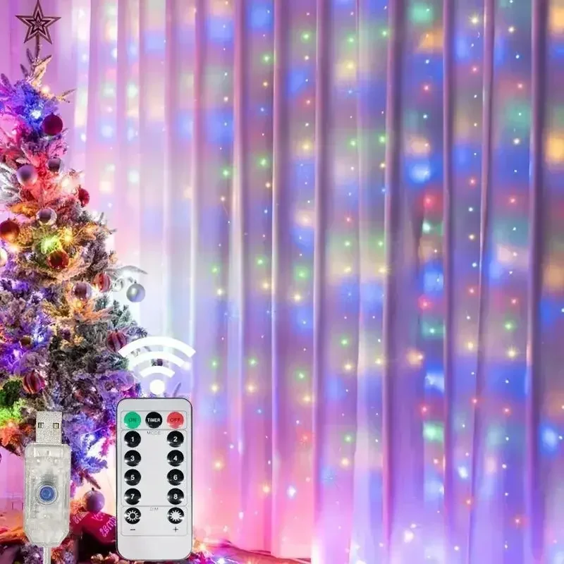 LED Curtain String Lights Christmas Garland Decor Fairy Light 8 Modes USB Remote Control Wedding Holiday Party for Bedroom Home