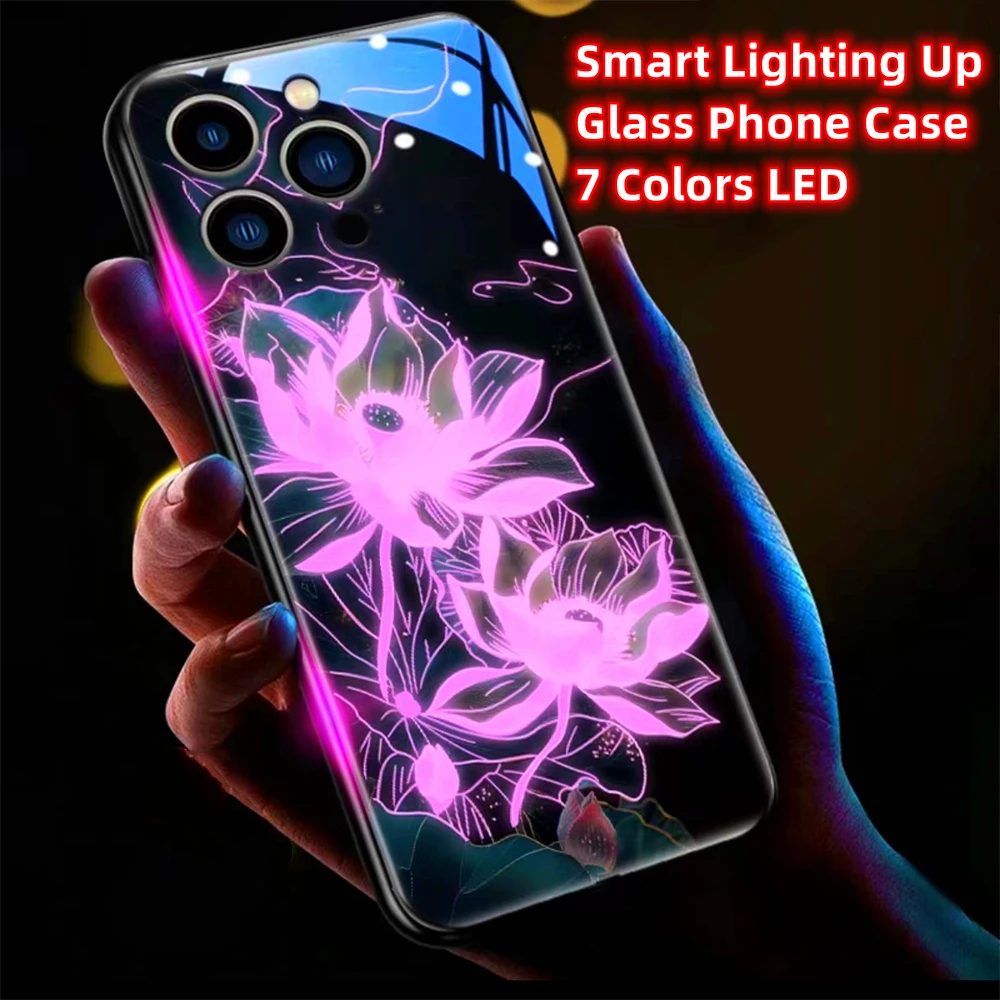 Lucky Lotus Flower Luminous Glass LED Light Up Flashing Phone Case For Samsung S24 S23 S22 S21 S20 FE Note 10 20 Plus Ultra A54