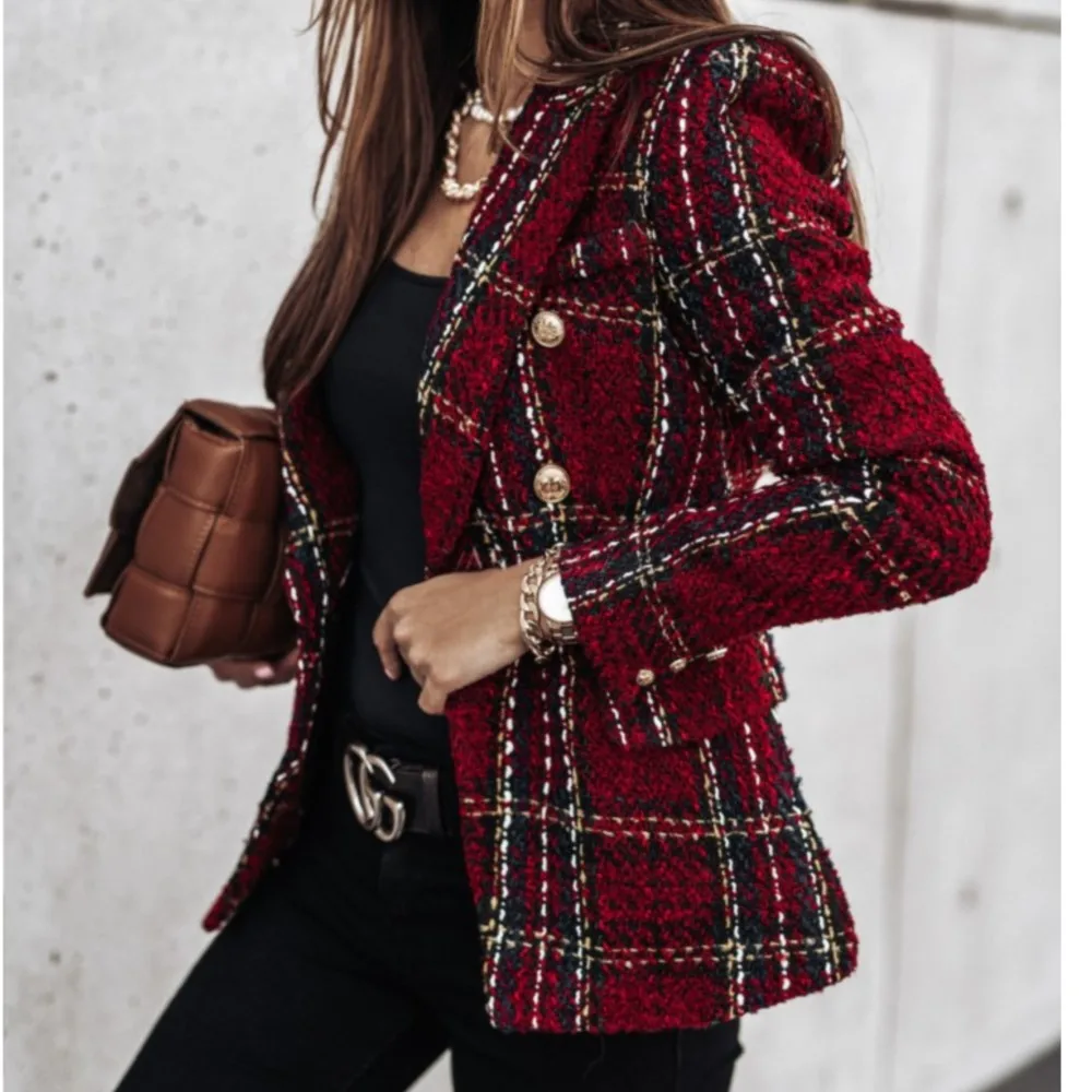 Suit Long-sleeved Double-breasted Fashion Printed Jacket Autumn Winter New Women's Solid Color Top Abrigos Invierno Mujer