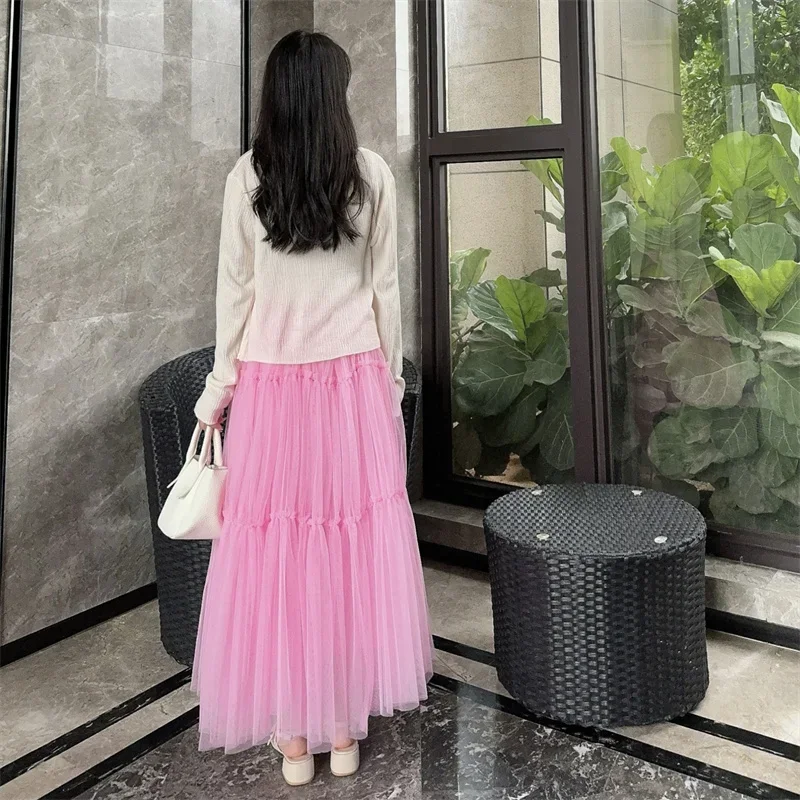 2024 New Mid Length Pink Skirt Spring and Autumn Season Three Layer Mesh Skirt Shirt Long Princess Big Swinging Skirt