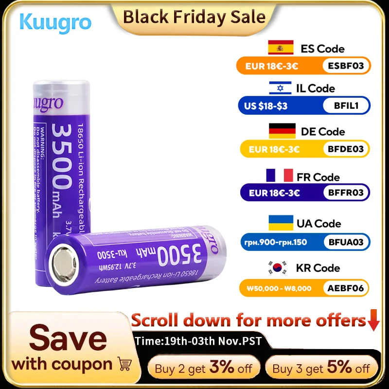 

Kuugro 18650 3500mAh 3.7V 12A Discharging Rechargeable Batteries For Battery Packs Power Tool Flashlight Fan