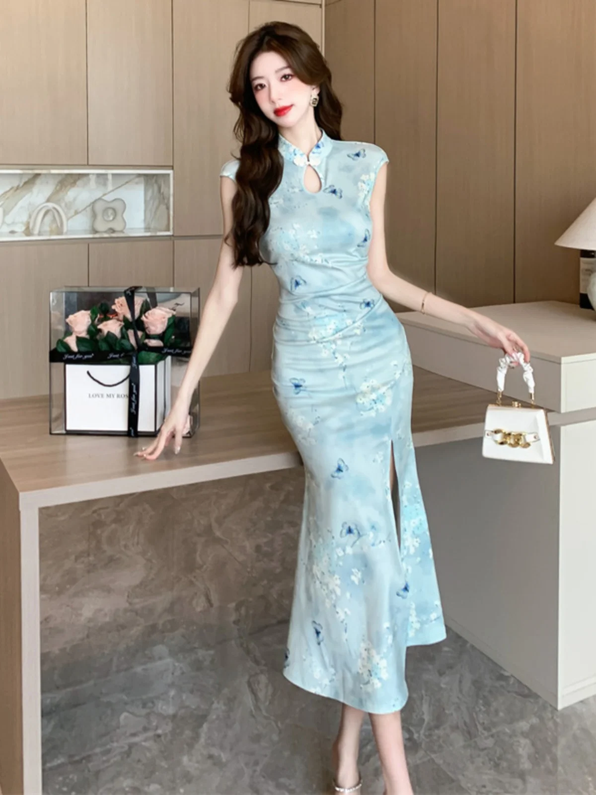 

Ele сексуальный китайский длинный миди с разрезом на пуговицах и высокой талией из поливолокна Qipao Fusion Faion для повседневной носки