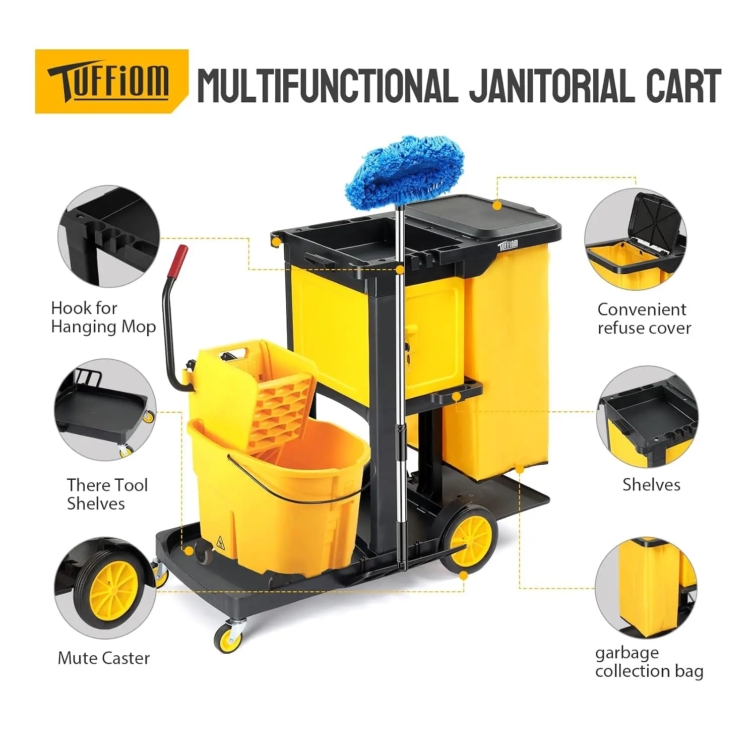 Janitorial Cart with Key-Locking Cabinet, 3-Shelf Commercial Cleaning Cart, Housekeeping Caddy with Locker,Wheeled with Yellow