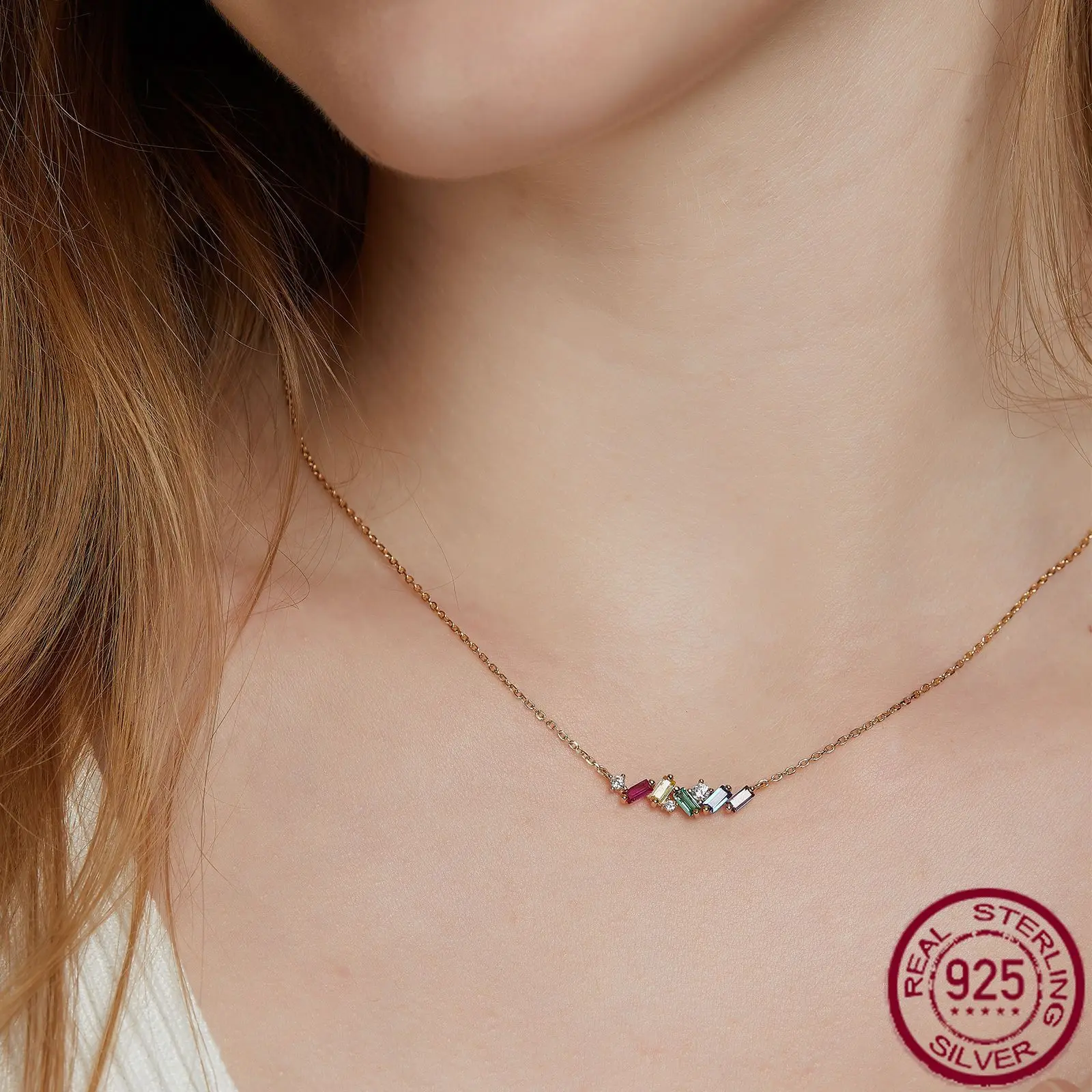 

New S925 pure silver zirconia necklace for summer, fresh and simple rainbow zirconia collarbone chain, wedding jewelry