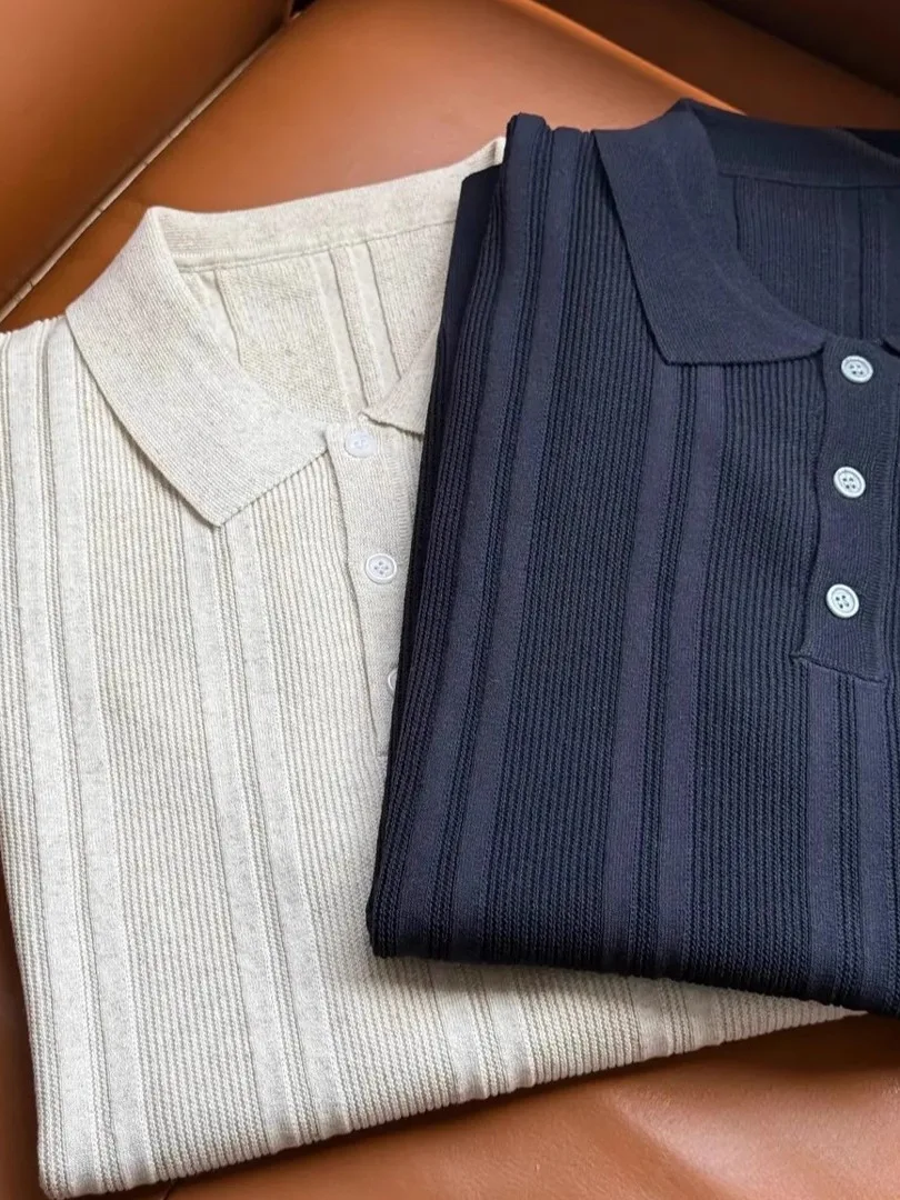

2025 New American Trendy Brand Color Knitted Casual ort Sve irt Collared f Sve Base T-irt Men's Top