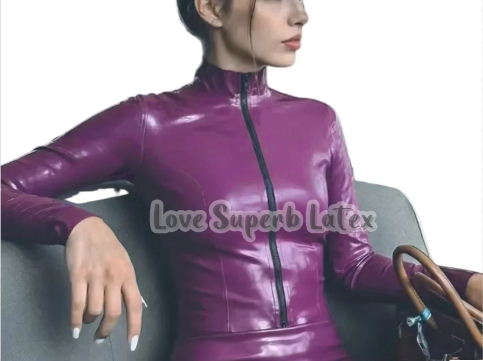 

Woman Long Sleeve Latex Jacket With Front Zip Latex Woman Skin Tight Blouse Halloween Party