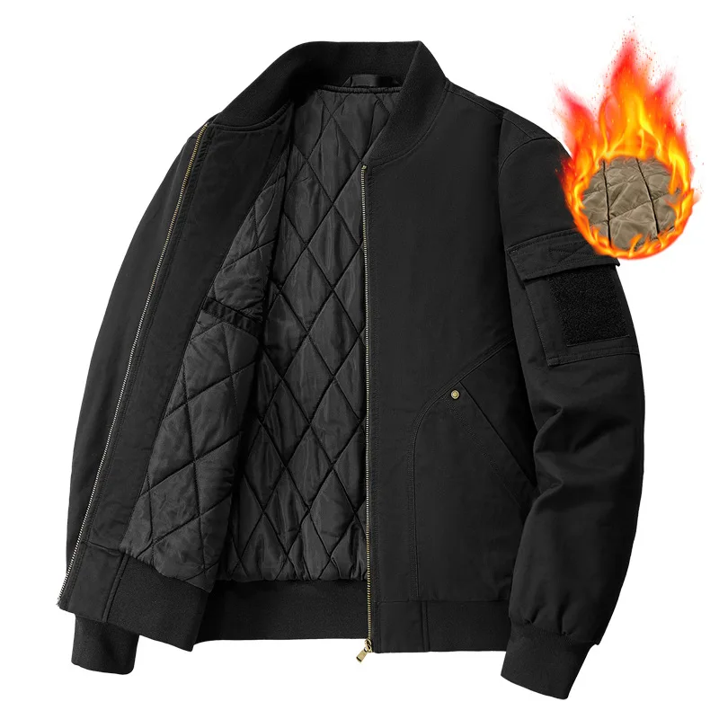 Autumn And Winter New Fleece Thickened Bomber Jacket Men's Pure Cotton Baseball Loose Tooling Casual Jacket