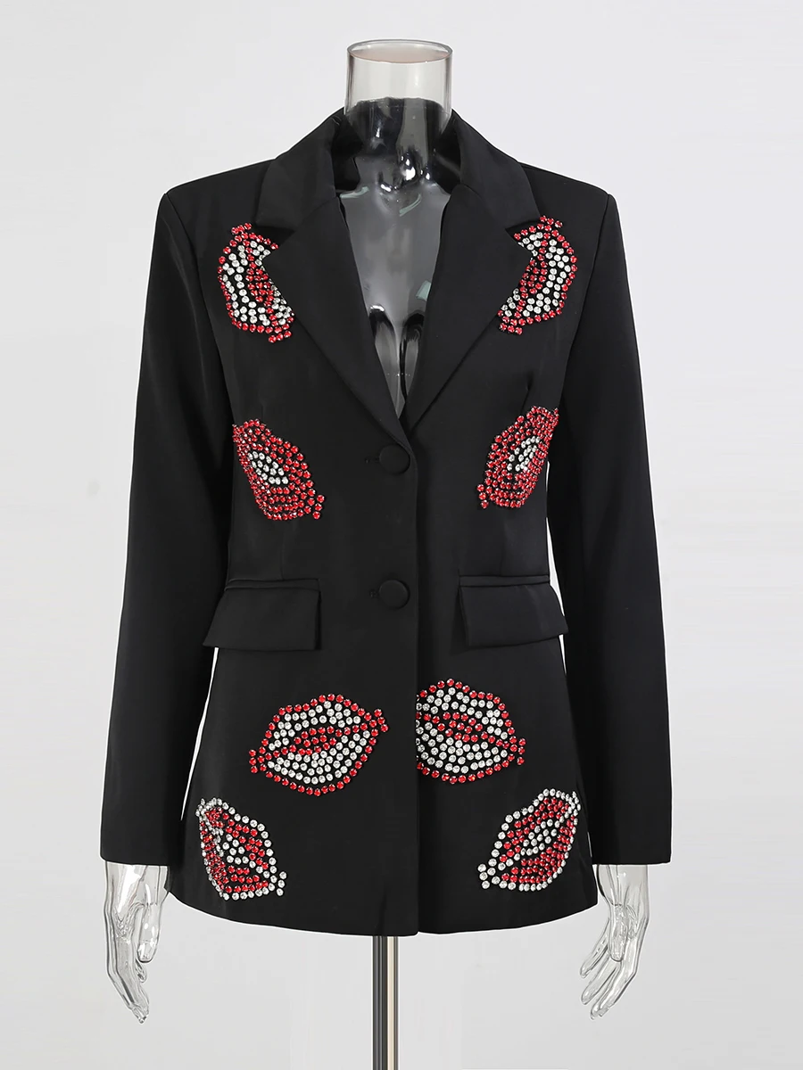 CHICEVER Solid Spliced Diamonds Lips Chic Jacket Female Lapel Long Sleeve Office Lady Women's Jackets Autumn Fashion New Style