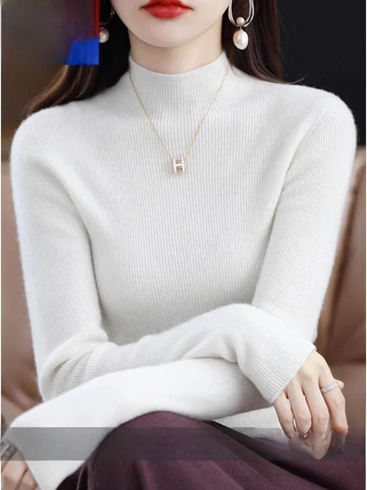 Thiened suéter de malha de lã feminino fino ajuste f gola alta outono inverno quente cor pura camere mistura base irt