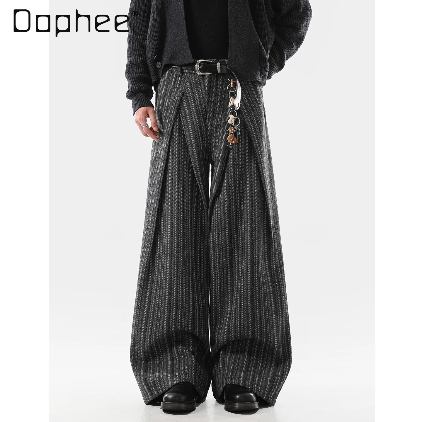 

Осень-зима 2022, новые мужские повседневные свободные широкие шерстяные брюки цвета хаки в американском стиле, черные, серые, с морщинистыми полосками