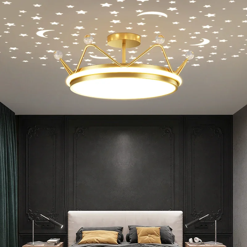 Lámpara de araña de corona de princesa, luz nocturna estrellada, colgante de luna de estrella regulable, lámpara de techo de estudio para dormitorio de niños, decoración de habitación de niñas