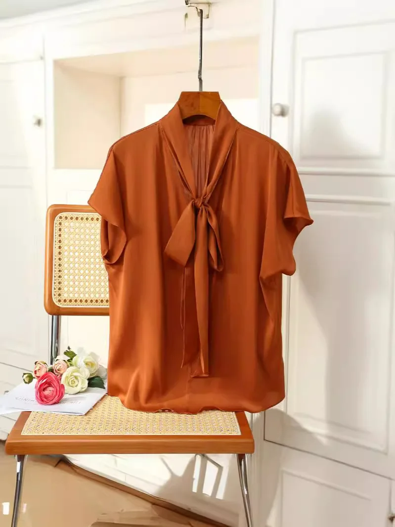 BirdTree, 93%Real Silk OL Elegant Shirt, Women V Neck Ribbon Bow, Loose Fashion Designed Blouse, 2024 Summer New Top T453103QM