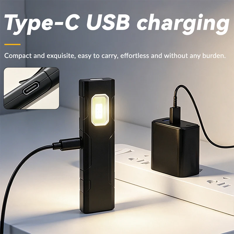 Flat EDC Pocket Flashlight Type‑C Rechargeable Hot Sale COB Torch Equipped with Magnet and Pen Clip for Daily Outdoor Emergency
