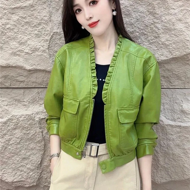 2026 New Spring Autumn Casual Short Leather Coat Fashion New Green Coffee Black Lace V-Neck Loose Women's Biker Jacket Top