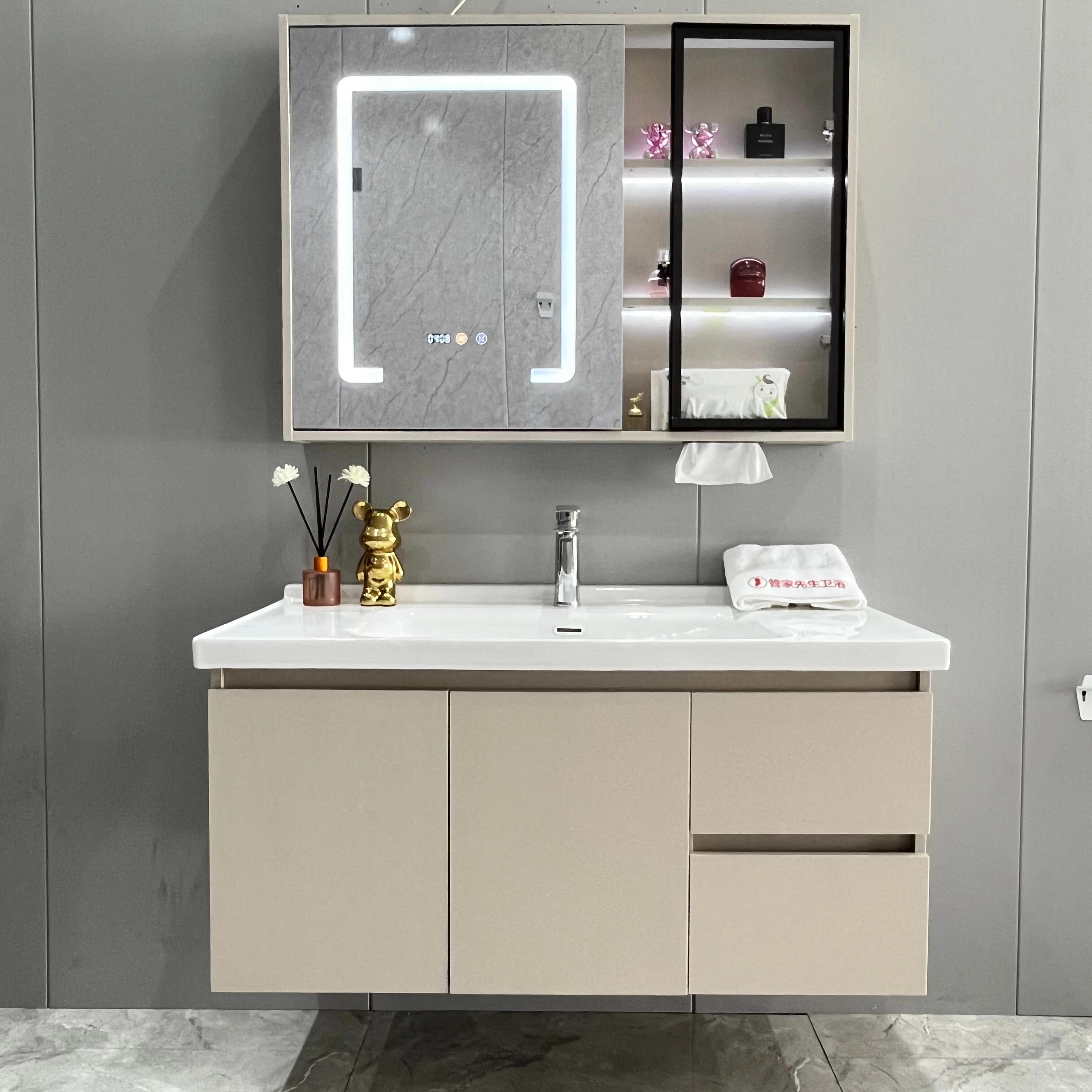 

Modern Rectangular LED Mirror Bathroom Vanities Set Waterproof Ceramic Basin Wooden Square Pattern Stainless Steel Carcase