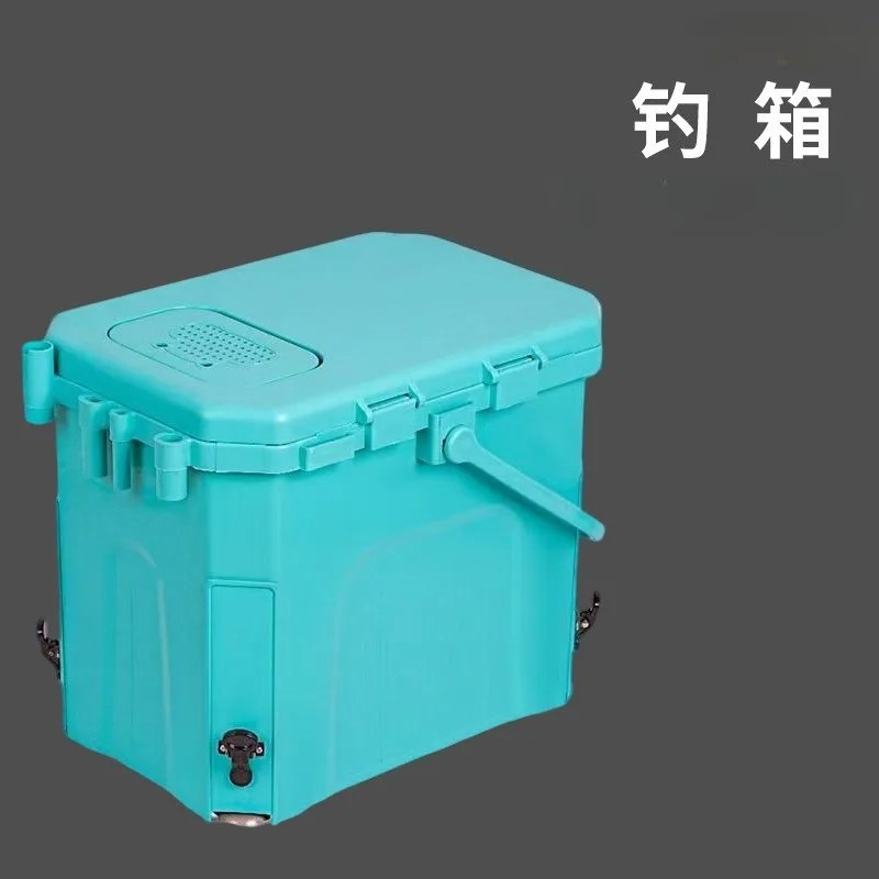 Portable Fishing Bait Box with Rod Holders, Seatable Storage Bucket, 4 Adjustable Legs Lure Fishing Cooler Box for Outdoor