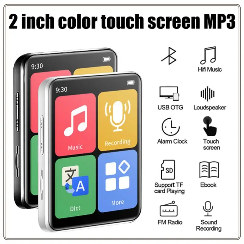 Мини-портативный MP3-плеер Bluetooth Маленький музыкальный плеер Сенсорный экран Walkman Спортивный музыкальный плеер Встроенная карта 32G-Белый Прочный