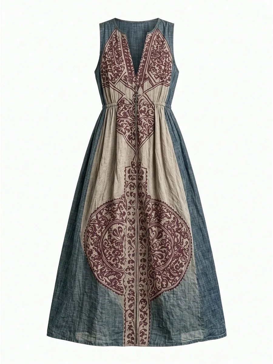 Bonboho Women's Oversized Maxi Dress Medallion Ethnic Print Sleeveless V Split Front Drawstring Cinch Waist Beach Long Dress