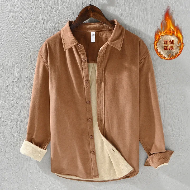 

Мужская зимняя рубашка, японская вельветовая рубашка с длинным рукавом в стиле ретро, мужская повседневная теплая рубашка, однотонная флисовая рубашка, утепленная мужская одежда