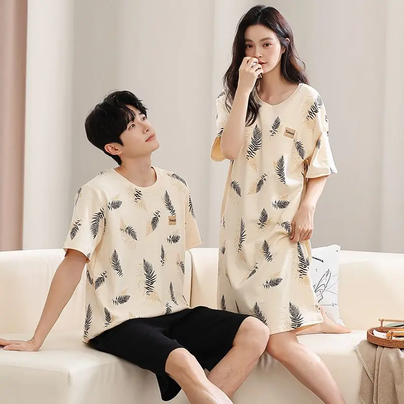 

2026 Summer Couple Short Sleeve 100% Cotton Print Pajama Sets for Men Korean Loose Sleepwear Pyjamas Women Homewear Home Clothes