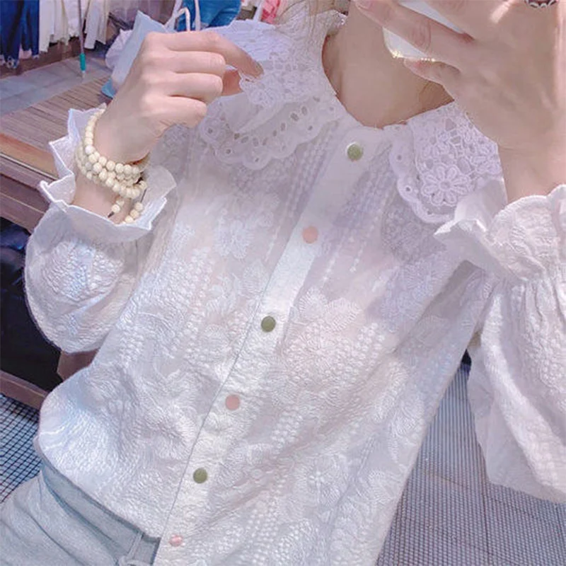 Spring Autumn Doll Collar White Embroidery Buttons Shirt Women Elegant Fashion Long Sleeve Sweet Blouse All-match Casual Blusa