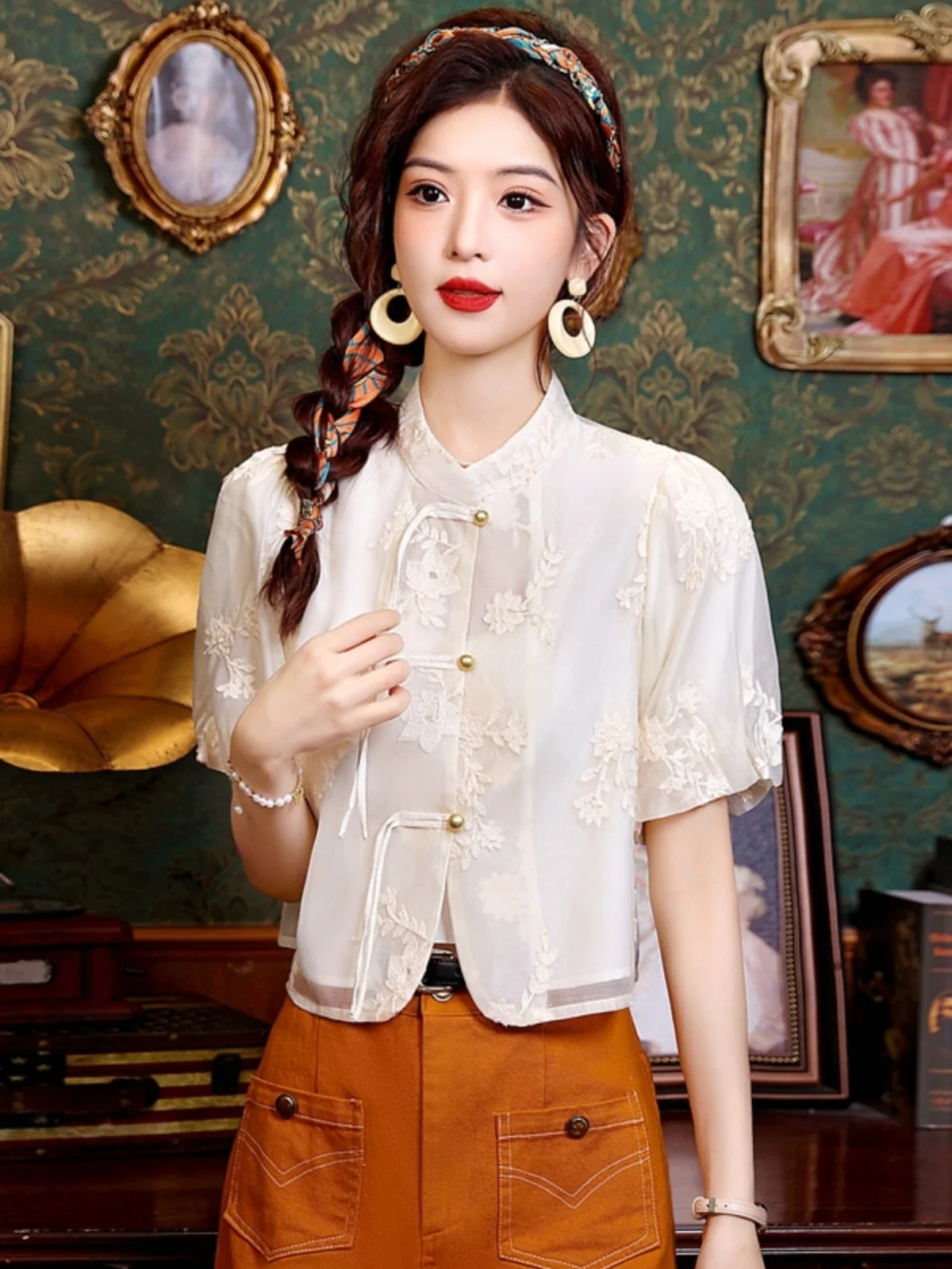 

New Chinese Sle Women's ort Sve irt Bubble Sve Lace Top Summer Commute Straight Cut Polyester Fiber Open Cardigan