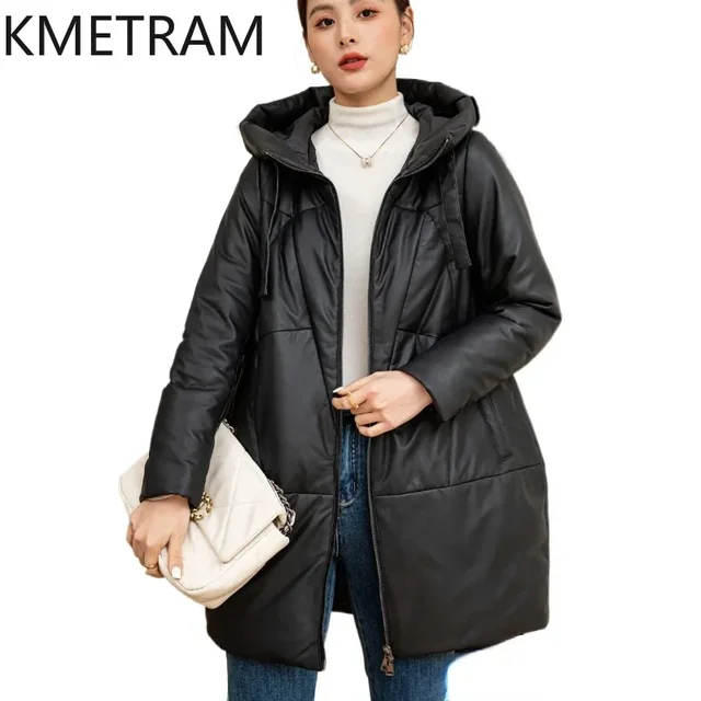White Duck Down Leather Puffer Jacket Women Real Sheepskin Plus Size Down Coats with Hood Womens Winter Clothes 2024 пуховик