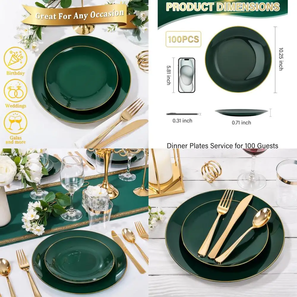 

100 Pack 10.25 Green & Gold Heavy-Duty Plastic Plates for Weddings, Parties & Christmas