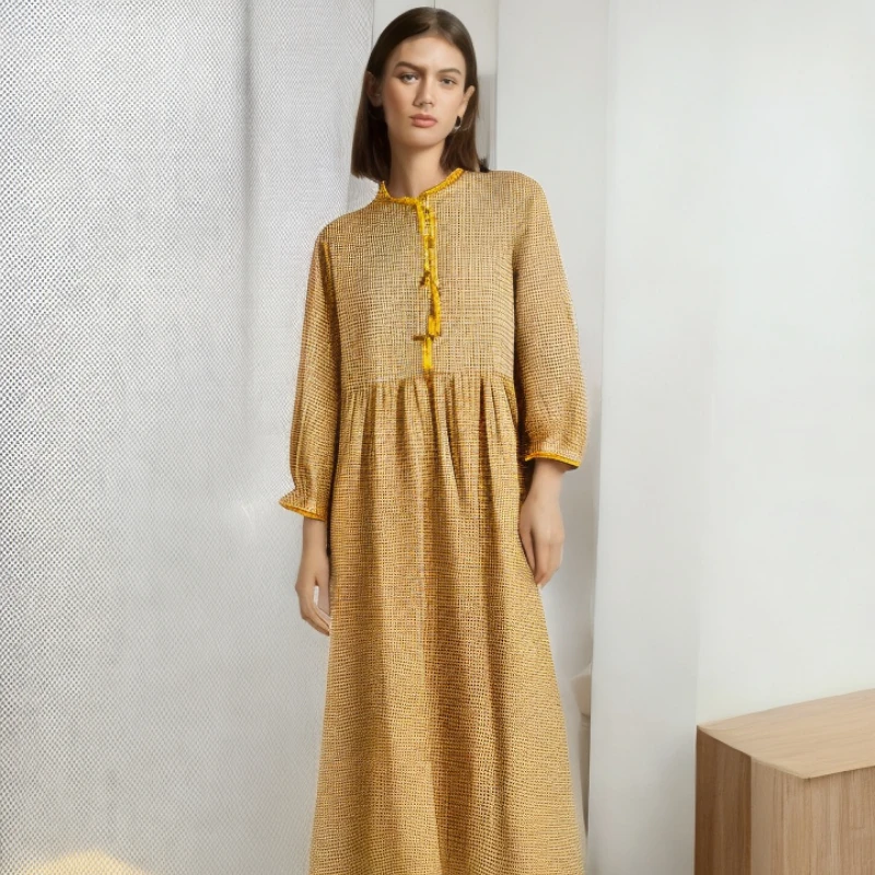 Spring Lace Plaid Countryside Style Women's Mid Length Sleeping Dress Long Sleeved Pure Cotton Double Layer Yarn Home Furnishing