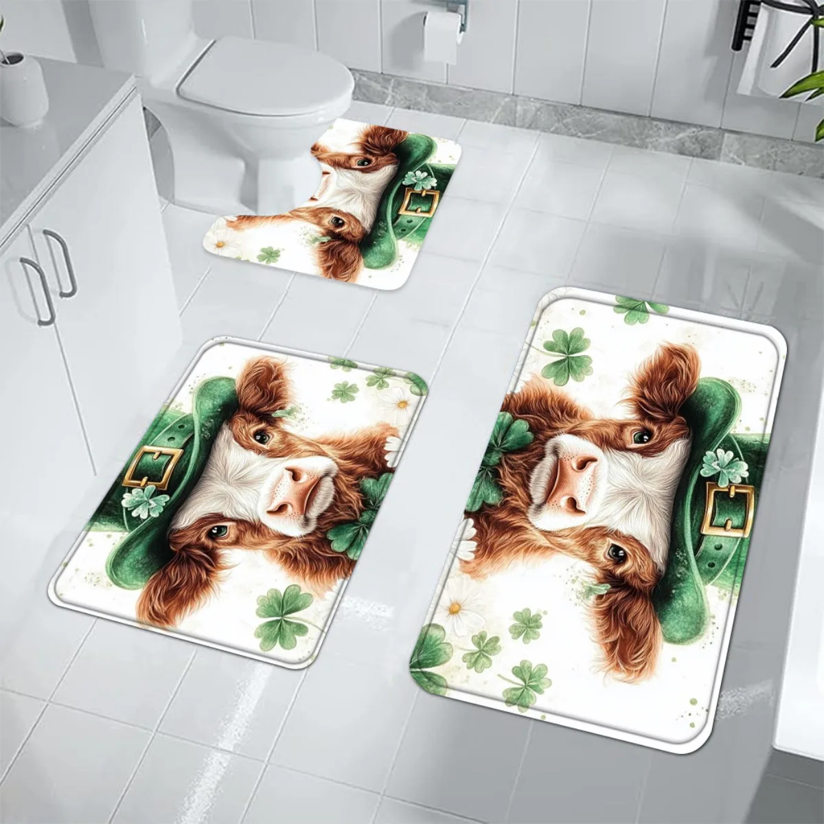 

3PCS Cow with Green Hat Pattern Bathroom Set Non Slip Toilet Lid Cover Floor Mat U Shaped Rug Home Decor