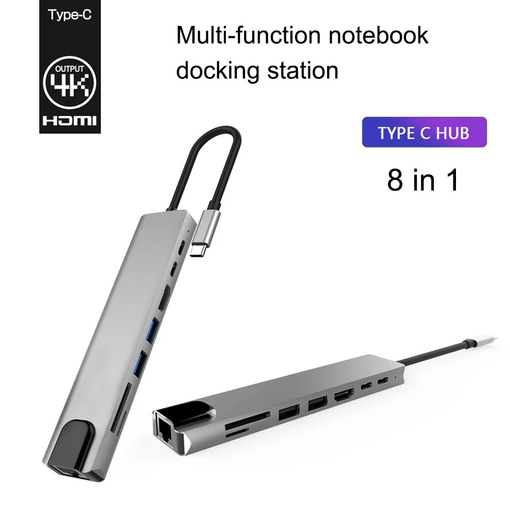 

8 in 1 USB 3.0 Hub For Laptop Adapter PC Computer PD Charge 8 Ports Dock Station RJ45 HDMI TF/SD Card Notebook Type-C Splitter