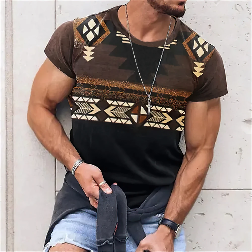 Summer men\'s ethnic retro T-shirt 3D printed T-shirt short sleeved holiday street photo T-shirt casual men\'s top loose size roun