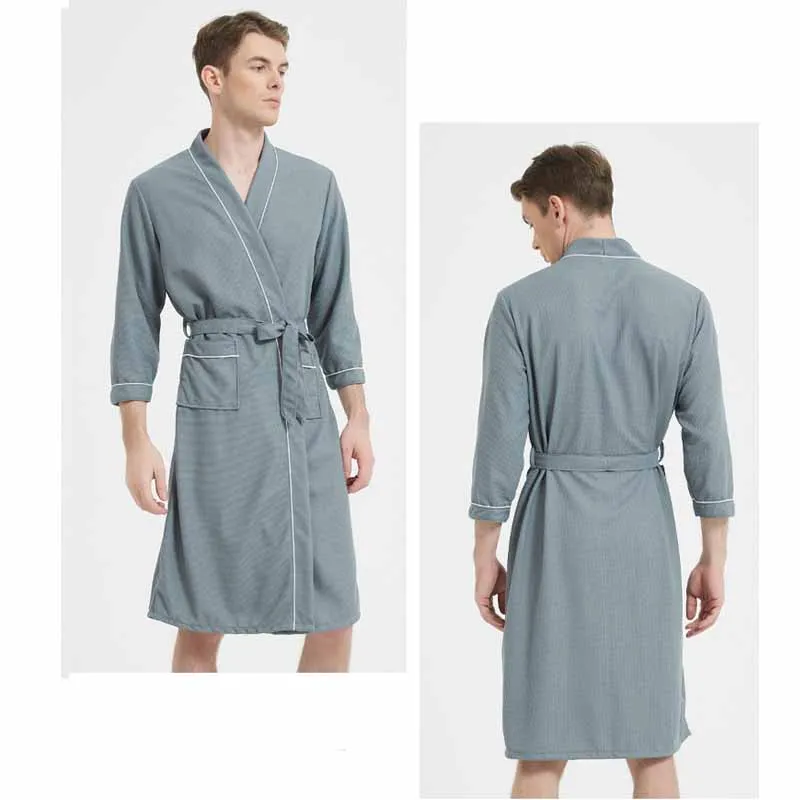 Men Waffle Weave Quick Dry Bathrobe Robe Sleepwear Solid Color Belt Loungewear Kimono Gown Oversize Loose Nightwear Home Clothes