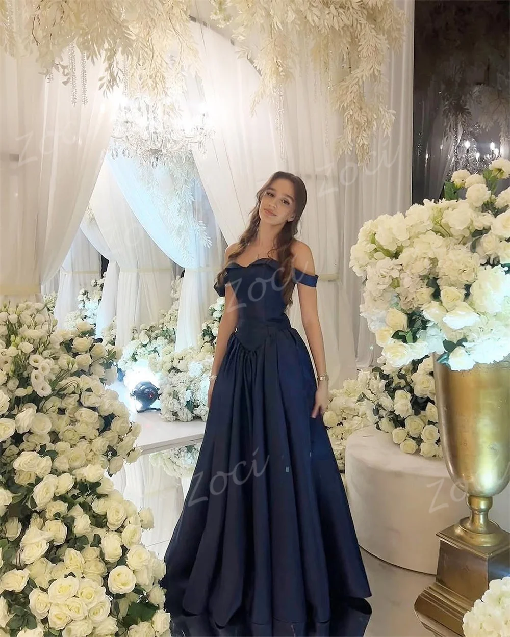 Zoci Sweetheart-vestidos de graduación de satén azul marino, vestido de noche personalizado con hombros descubiertos, vestido de fiesta Formal de princesa para ocasiones