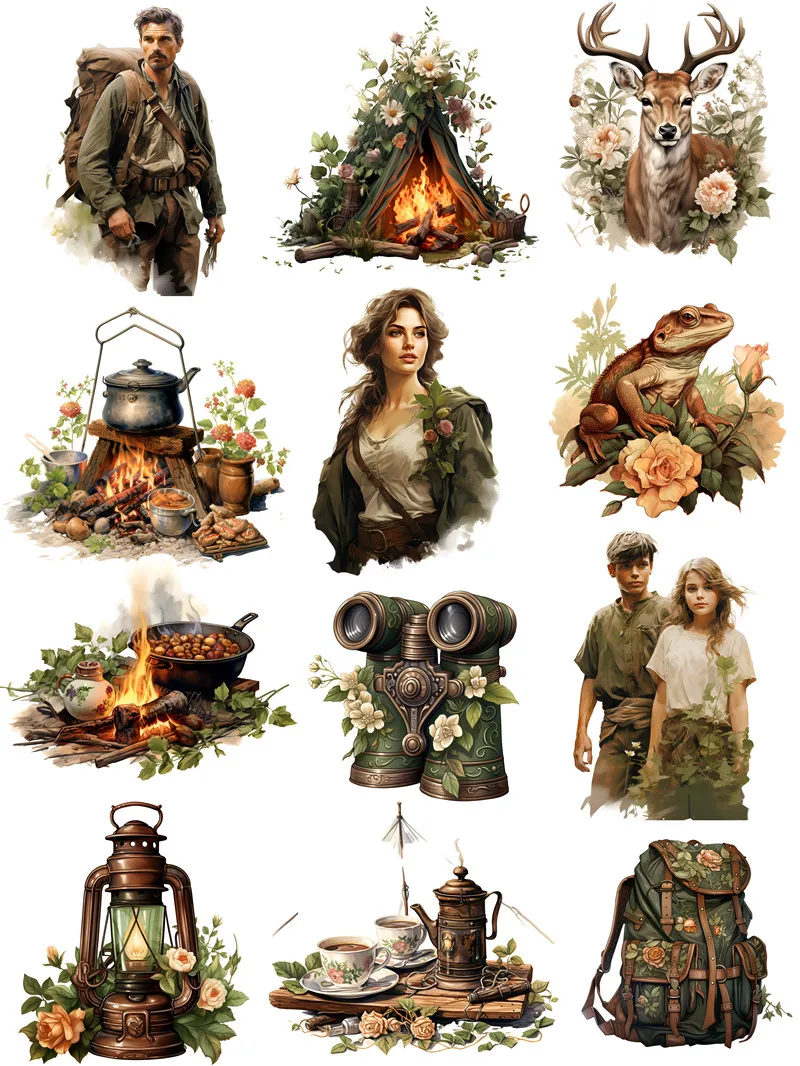 12Pcs/Pack Camping in The Wilderness Sticker DIY Craft Scrapbooking Album Junk Journal Decorative Stickers