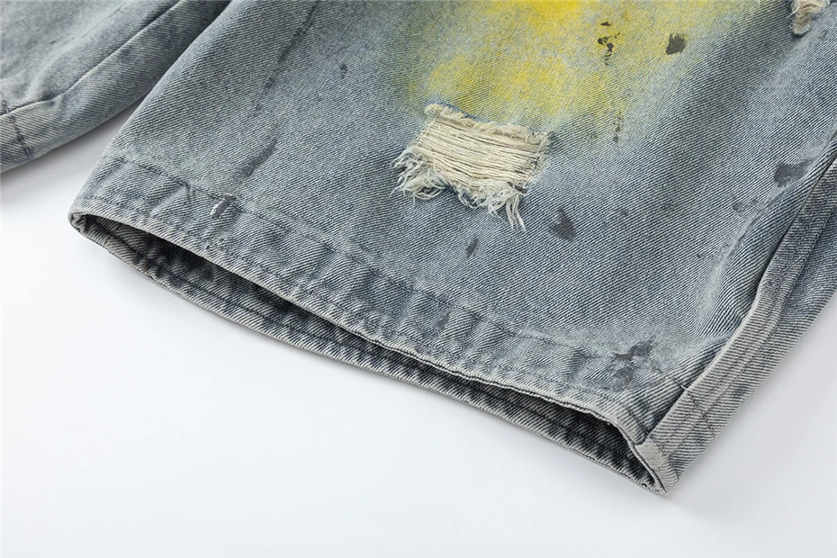 Ripped Hole Denim Shorts Mens Streetwear Hip Hop Y2k Knee Length Pants Vintage Graffiti Baggy Wide-leg Jeans Short Male