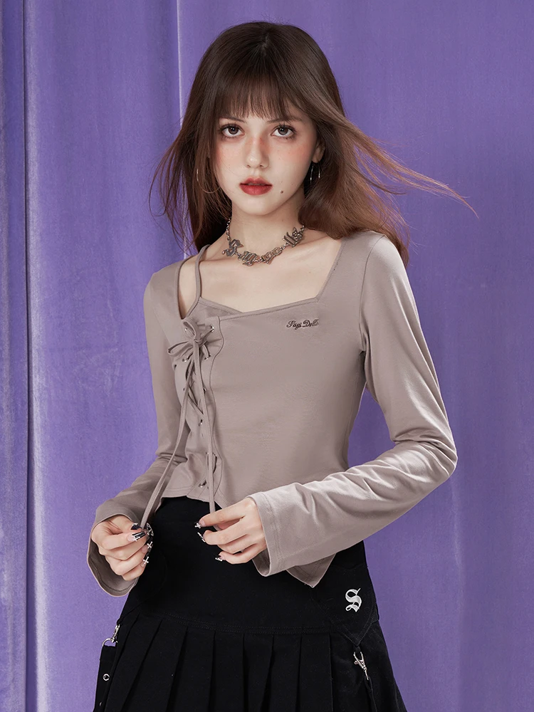

SagiDolls Sweet And Spicy Khaki Belted Slim Fit Square Collar T-irt Casual Sle Long Sve Cotton Polyester Blend Top