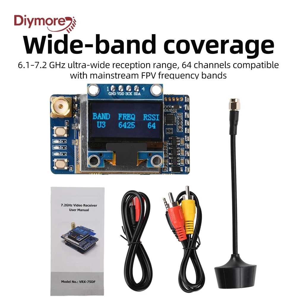 

VRX-75DF 6.1–7.2GHz Video Receiver With 64Ch FPV Analog Receiver for Drones Stable Long Distance Signal OLED Display