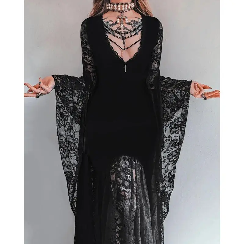 

Dress for Women Spring High-end Designed Temperature Niche Chic Sexy Style Slim Dark Gothic Bat Sleeve Lace Deep V-neck Dress