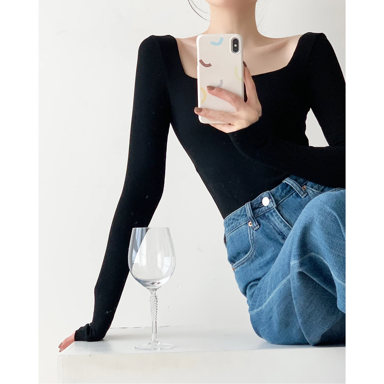 

Women's Knitted Long Sve Base irt High Waist ort Square Collar Sexy Slim Fit T-irt Cotton Blend Commute Sle Pure C...