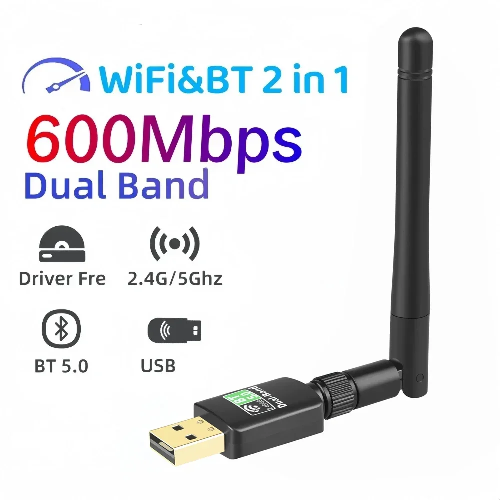 600Mbps USB Bluetooth 5.0 AC Wifi Adapter 2 in 1 For PC BT wifi5 2.4G 5G Dongle Usb Wireless WiFi Receiver For Win7/10/11