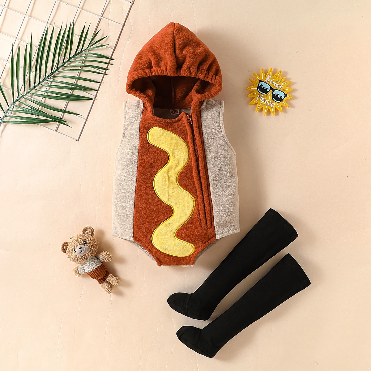 Funny Sausage Costume for Baby Infant Girls Boys Toddler Hoodie Bodysuit Short Romper Purim Halloween Fancy Dress with Stockings