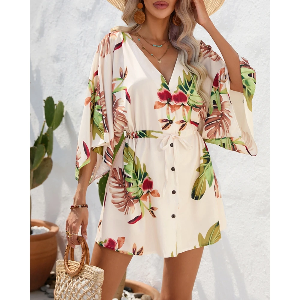 Casual Tropical Print Summer Dress Women V-Neck Buttoned Design Slim Waist Lace-Up Batwing Sleeve Boho Style Beach Dress Vestido