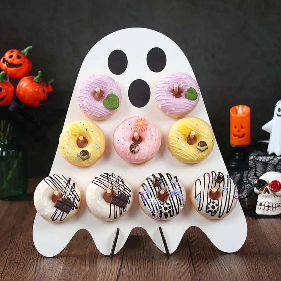 Spooky Halloween Wooden Donut Display Rack Multistyle Ghost Pumpkin Witch Design Easy Assembly For Dessert Bar Party Decor