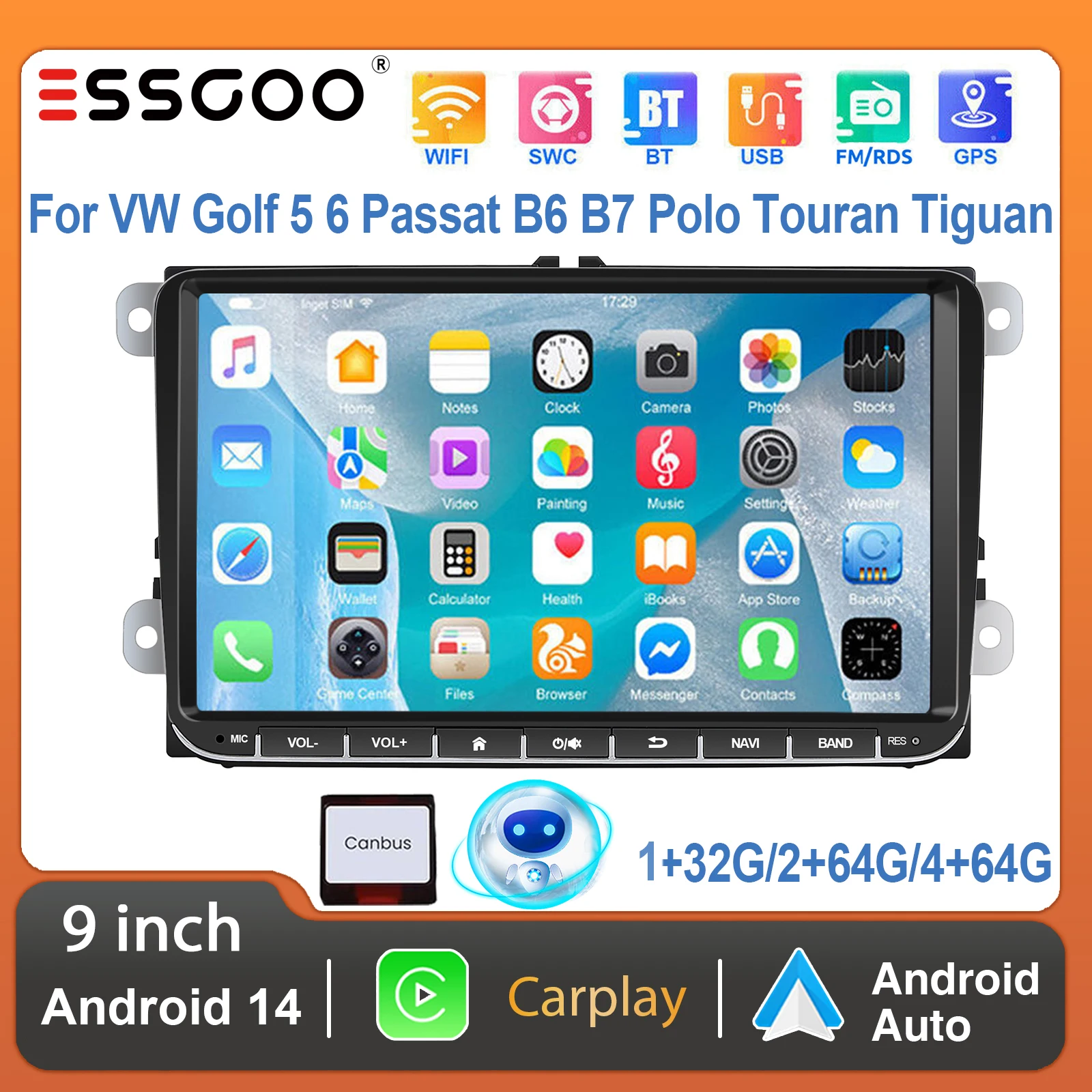 ESSGOO Écran Tactile HD 9 Pouces Android 14 32G/64G CarPlay Sans Fil Android Auto Autoradio Navigation GPS WIFI Commande au Volant FM Bluetooth EQ pour VW Golf 5 6 Passat Polo Touran Tiguan Caddy EOS RDS