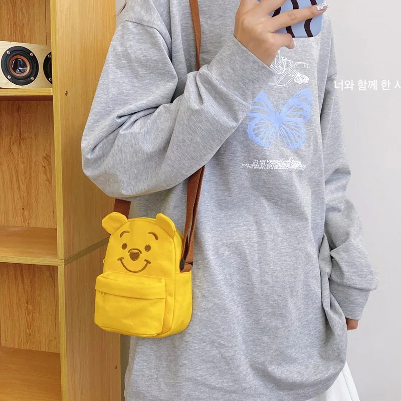 Disney Winnie Bear Children\'s Satchel Bag Cartoon Cute Women\'s Mini Crossbody Bag High Quality Solid Color Canvas Shoulder Purse