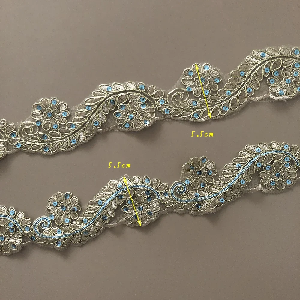 2yard Gold Line Thread Blue Sequin Lace Flower Applique Trims Handmade DIY Material Wedding Clothing Applique Triming wide 5.5cm