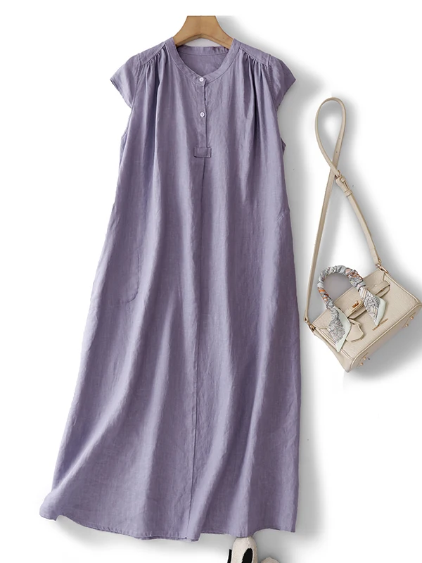 Summer Pure Color Cotton Linen Sleeveless Long Dress A-Line Shirt Dress Casual Loose Waist Gauze Artistic Simple Women's Dress
